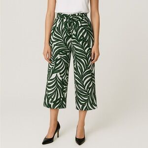 Womens Wide Leg Crop Pants Sz L Green White Leaf Coastal Beachy Palms High Waist